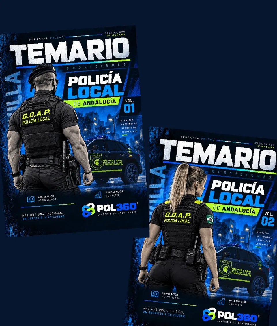 Portadas de los volúmenes 1 y 2 del temario POL360 de Policía Local de Andalucía